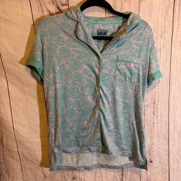 Mux lux Green and Pink Paisley Short Sleeve Collared Patterned PJ Shirt small - Picture 1 of 5
